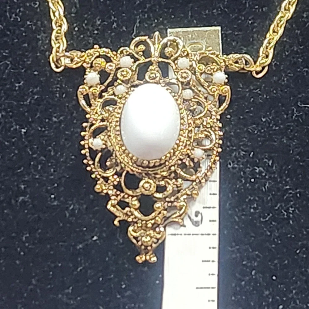 Vintage Gold Tone Filigree White Cabochon Victorian Revival Necklace